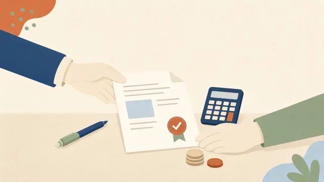 Dos manos sobre una mesa con un documento de convenio y una calculadora