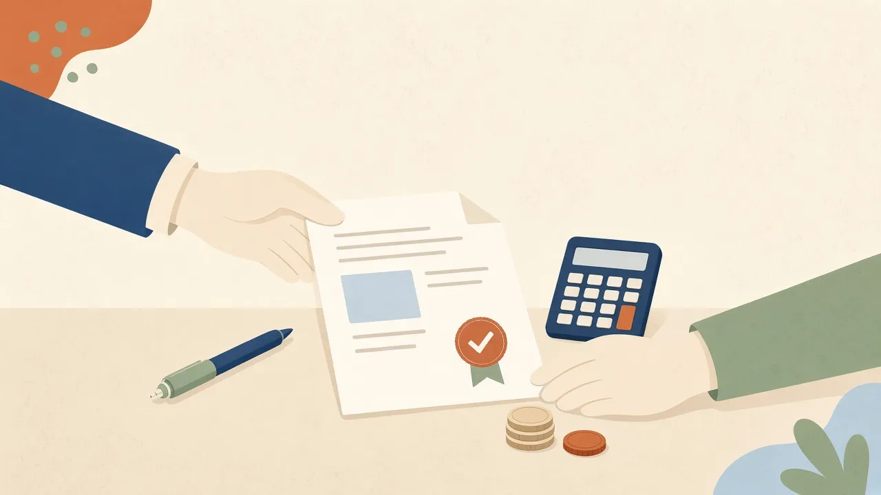 Dos manos sobre una mesa con un documento de convenio y una calculadora