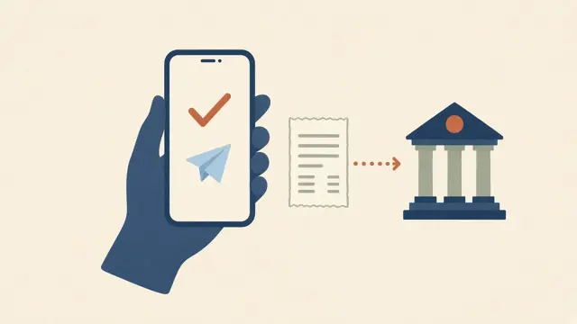 Mano con un celular que muestra un pago enviado, un ticket y un banco
