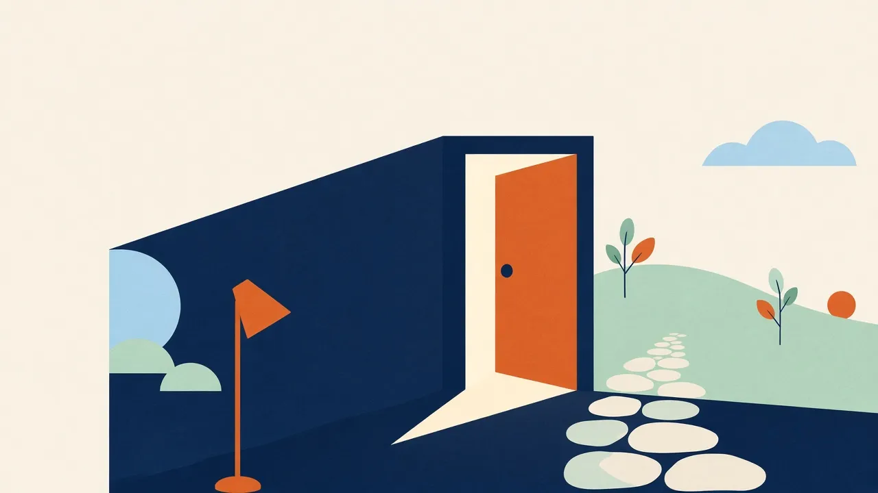 Puerta abierta con un camino de piedras hacia una colina verde
