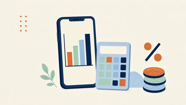 Celular con gráfica de barras, calculadora, monedas y un símbolo de porcentaje