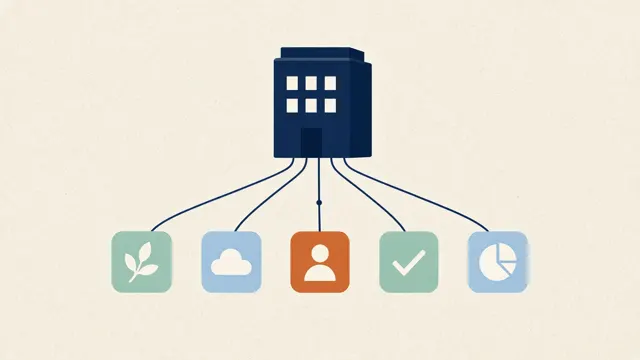 Diagrama de un edificio conectado a cinco íconos de apps