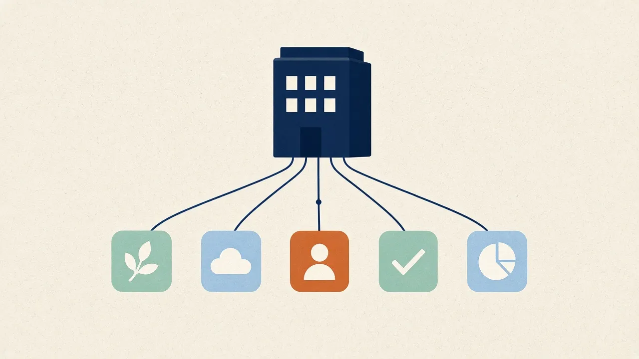 Diagrama de un edificio conectado a cinco íconos de apps